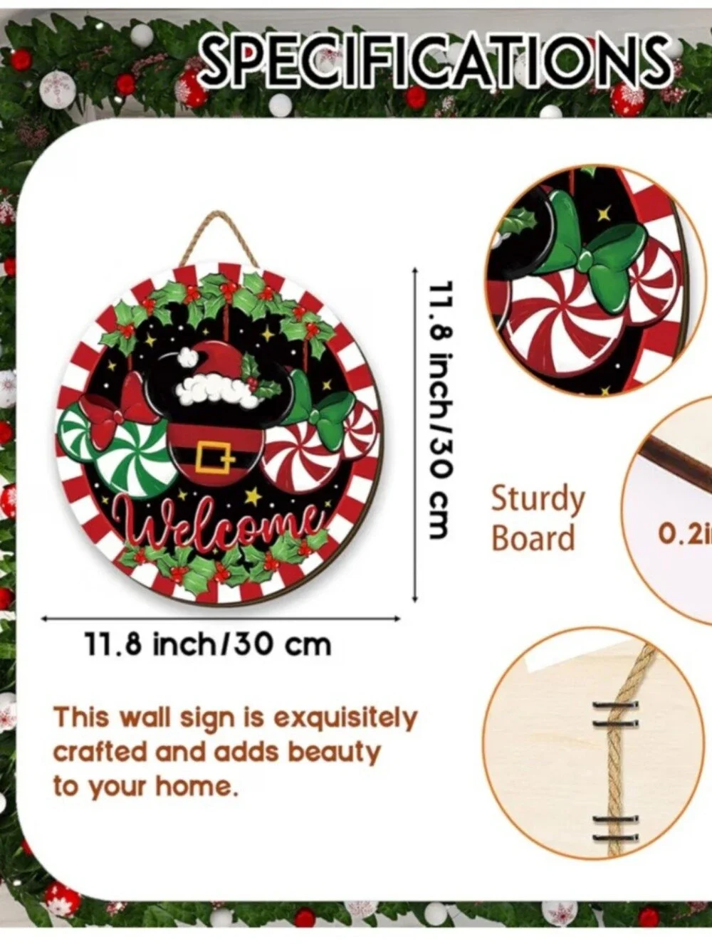 Holiday Mickey Welcome Wooden Decor - Red, Green, Black. NWT.